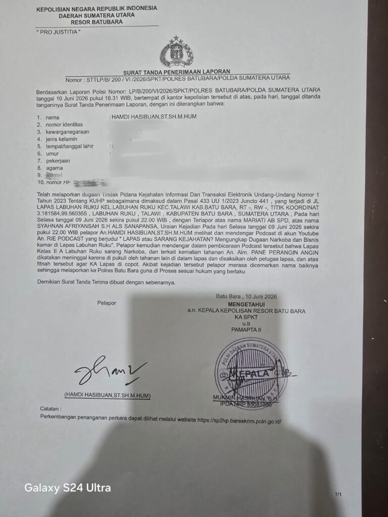 Kalapas Labuhan Ruku Laporkan Dugaan Pencemaran Nama Baik Lewat Podcast YouTube ke Polres Batu Bara